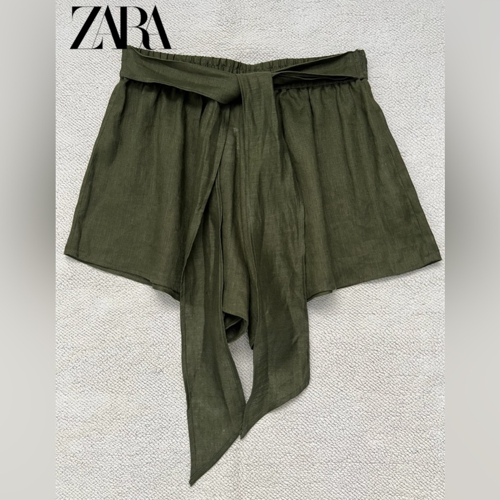 ZARA Women’s 100% Linen Pull On Tie-Waist Shorts | Color: Green | Size: Medium